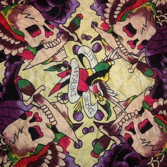 Y2k Ed Hardy 100% Silk Scarf w Fringe ‘True til Death’ Skulls 34” x 34” - Picture 2 of 5